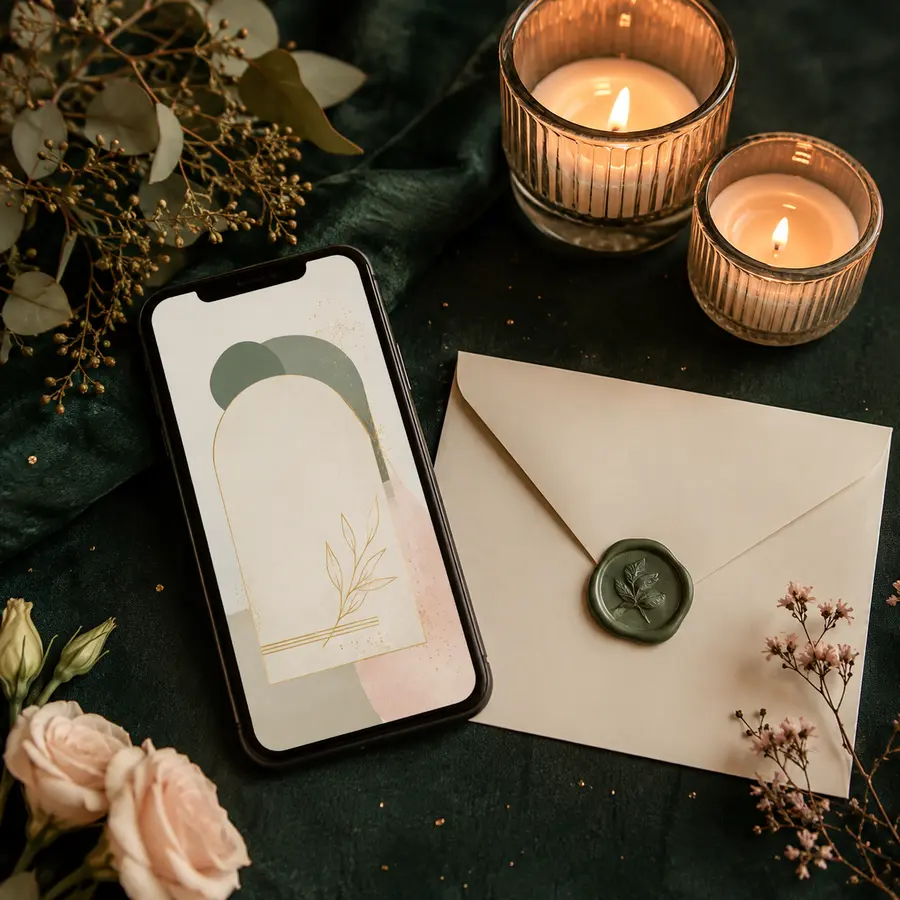 Invitación digital acompañada de flores, un sobre y velas